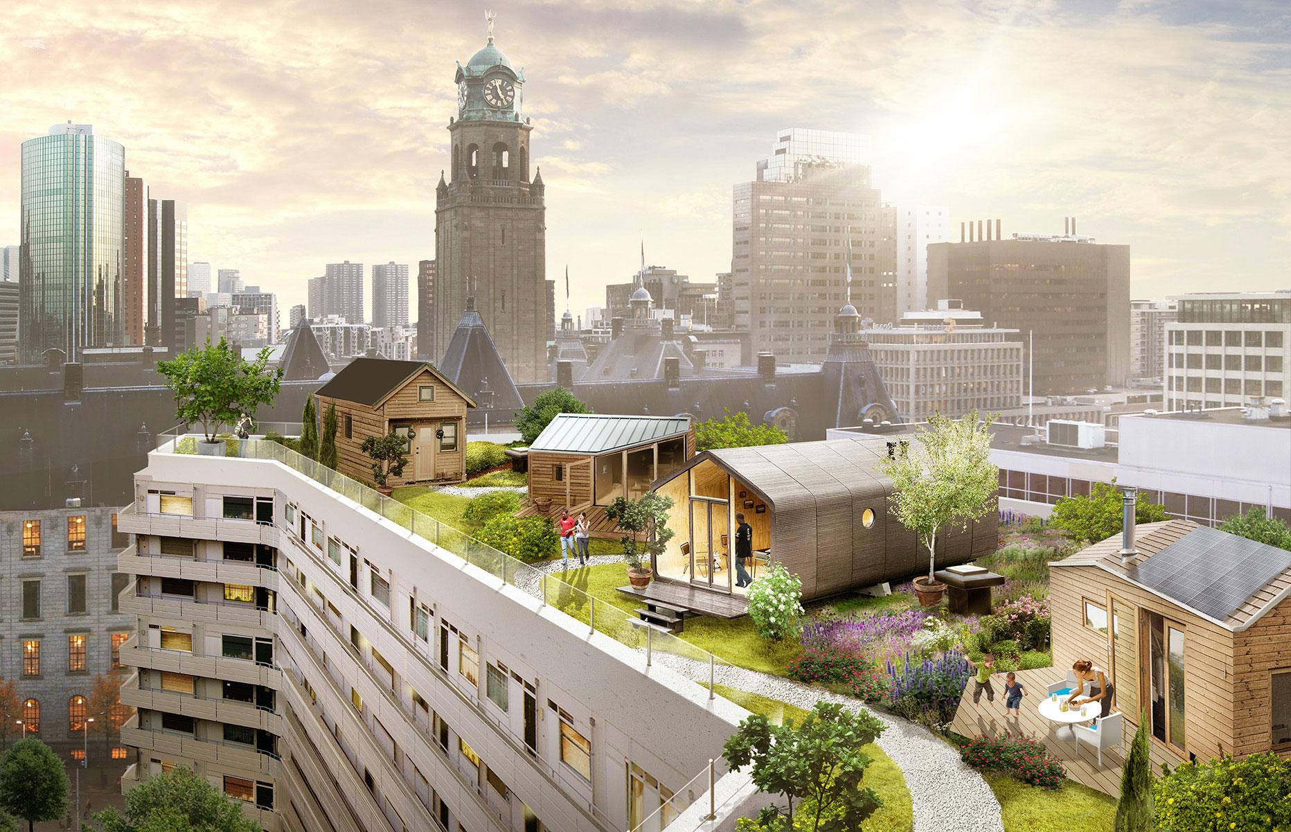Modélisation 3D d'un toit de Rotterdam sur lequel ont été installées petites maisons d'habitation, pelouses et plantes, avec une vue imprenable sur la métropole.