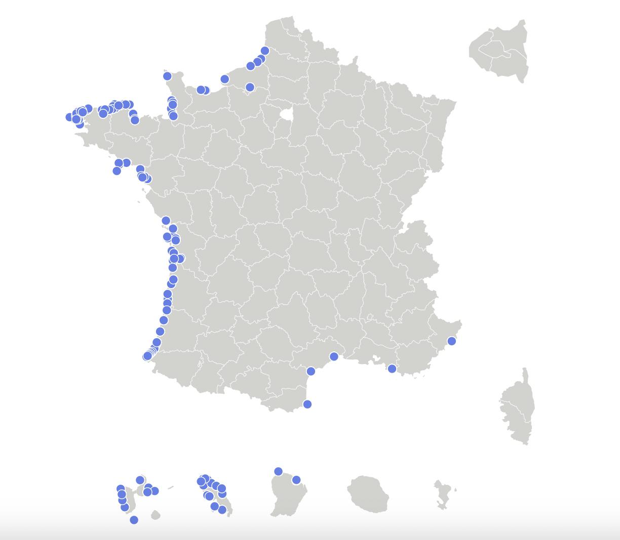 Les 126 communes déclarées « prioritaires » face à la montée des eaux en France. Source : Le Journal officiel, Le Monde. 