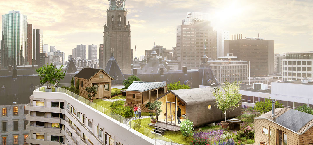 Modelisation 3D d'un toit de Rotterdam sur lequel ont été installées petites maisons d'habitation, pelouses et plantes, avec une vue imprenable sur la métropole.