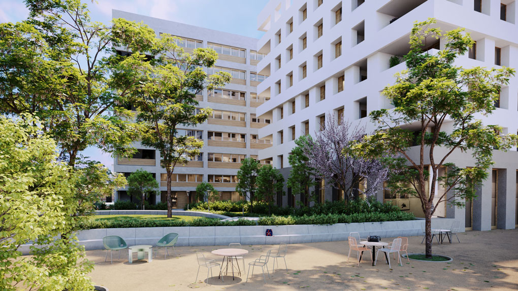 Vue du jardin de l'immeuble Essentiel en construction dans le quartier Confluence à Lyon