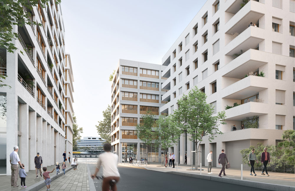 Vue de l’immeuble Essentiel porté par Nexity et en cours de construction dans le quartier Confluence à Lyon.