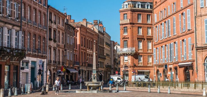 Vue du centre-ville de Toulouse : une place de la ville rose avec une fontaine en son centre.