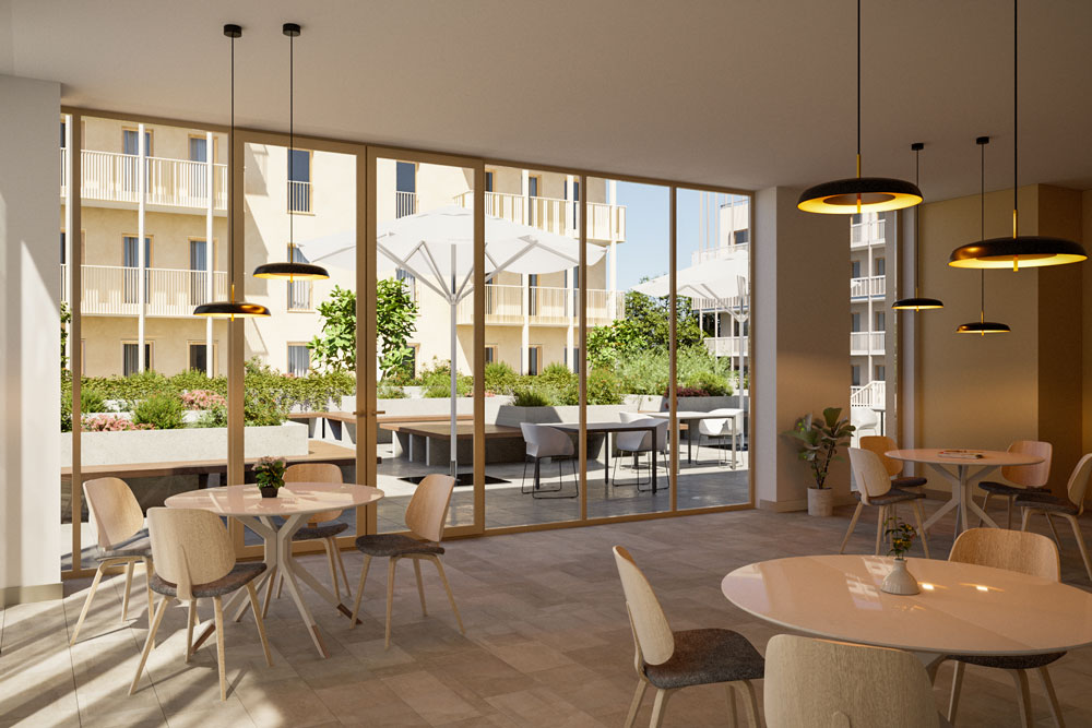 Village des athlètes de Saint-Ouen : modélisation de la transformation des bâtiments après les jeux, ici en café restaurant.
