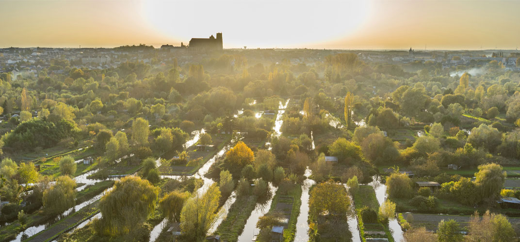 Vue de la ville de Bourges au soleil couchant