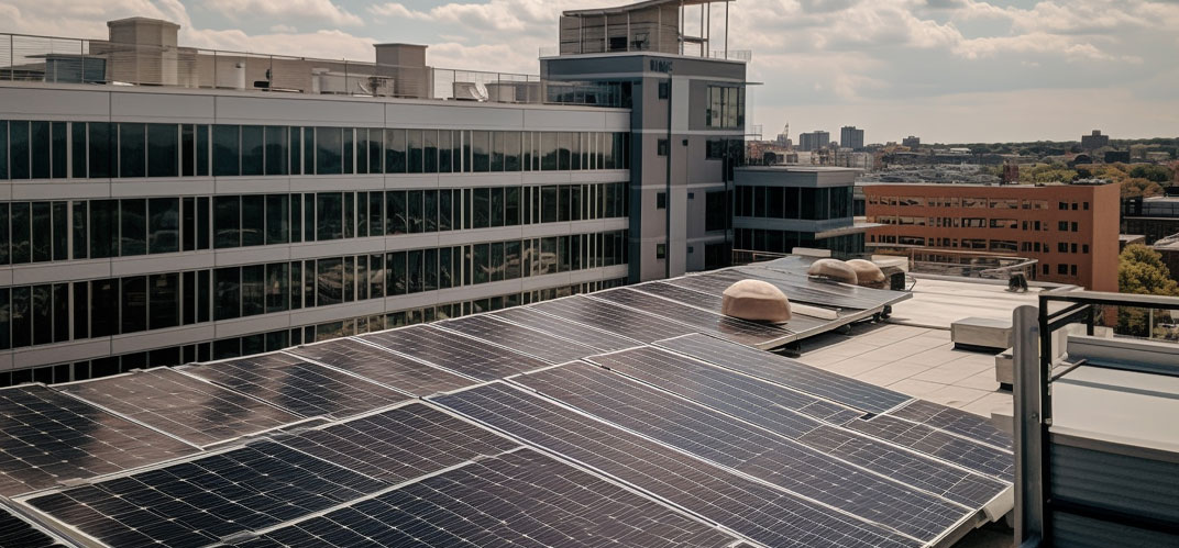 Les communes passent aux énergies renouvelables : le toit d'un bâtiment couvert de panneaux solaires.