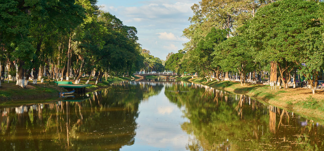 Villes perméables : les berges arborées d'un cours d'eau centre-ville.